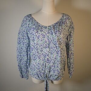 Land 'n Sea Womens L Floral Button Down Tie Front Blouse Blue Cottagecore